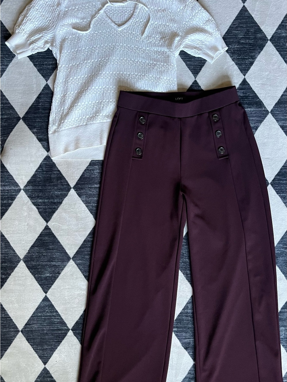 LOFT Women's Maroon Wide-Leg Pants with a Lace tie front Blouse - Picture 2 of 7